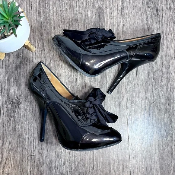 Lanvin Shoes Lanvin Black Patent Oxford Ribbon Lace Up Pumps